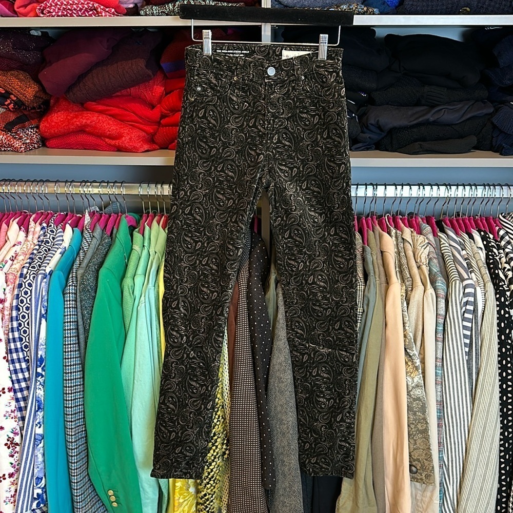 Adriano Goldschmied black with gray paisley velvet high rise ankle pants size 26